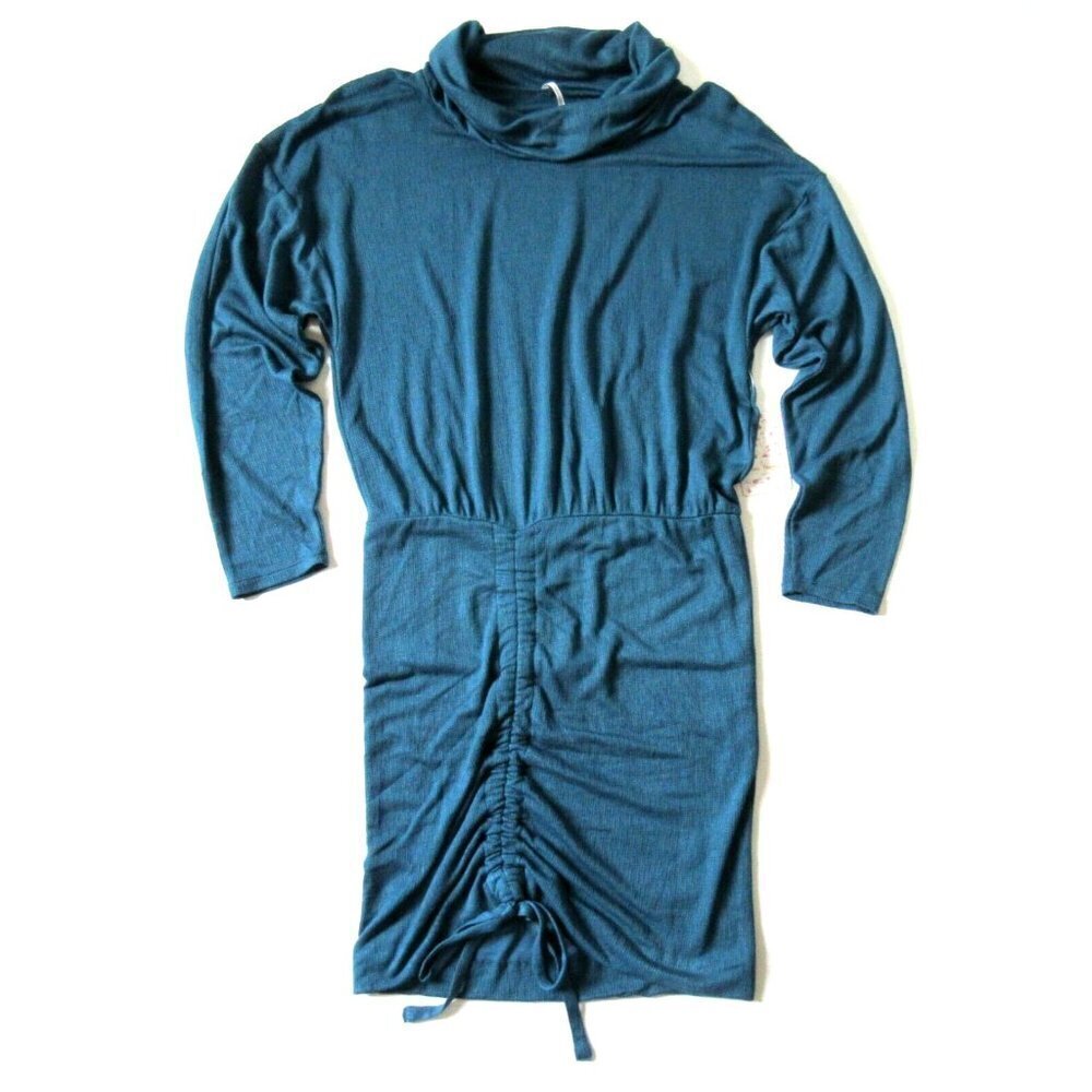 NWT Free People Sundown Mini in Dark Green Cowl Neck Ruched Hem Knit Dress XS - Picture 4 of 5